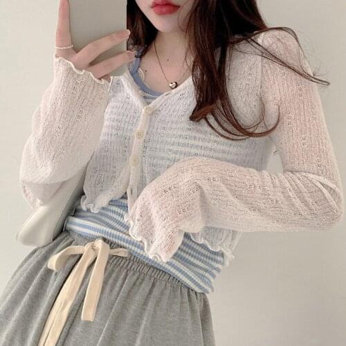 Elegant Solid White Ruffle Long Sleeve Women Tshirt Button Casual Streetwear Female Cardigan Autumn Thin Sexy Tops Fashion 2021