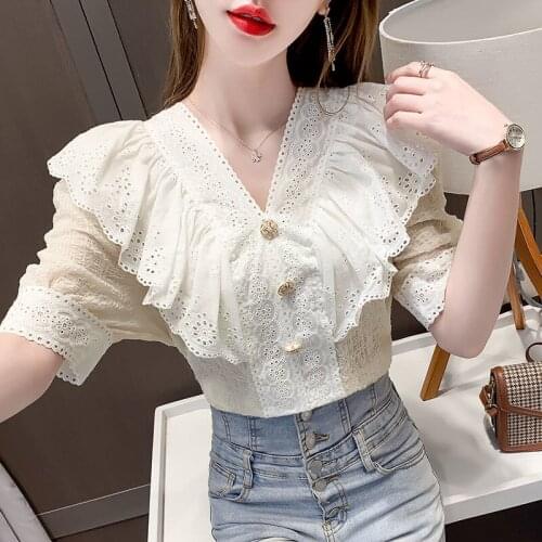 Lace Ruffles Women Shirts Summer New 2021 V-Neck Elegant Button Office Lady Half Sleeved Slim Outwear Tops