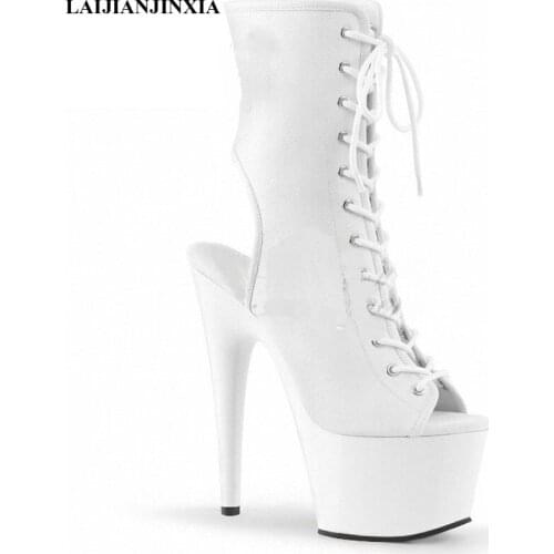 LAIJIANJINXIA Lace Up 17CM High Heels Peep toe Women Boots Models Party Pole Dance Shoes Sexy High heels Stage Show ANKLE Boots