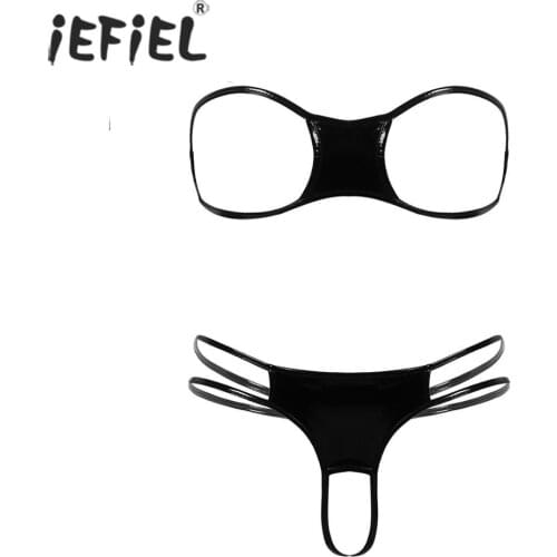 Women Open Cup Bra with Open Crotch Underwear Sexy Erotic Black Wet Look Patent Leather Mini Bikini Lingerie Set G-string Briefs