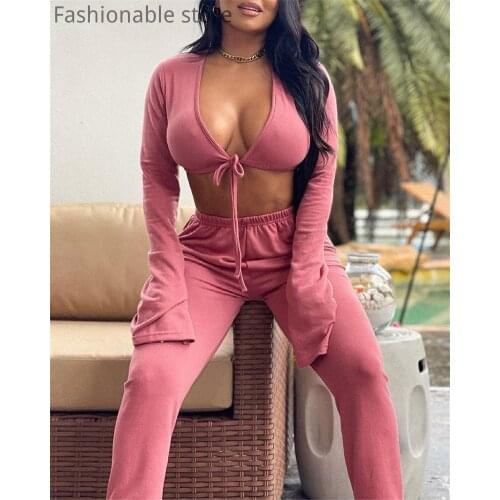 Women Solid Color Long Sleeve Tied Detail Top And High Waist Pants 2 Piece Set