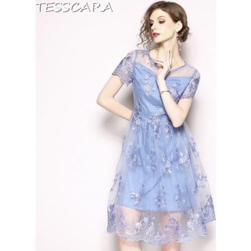 TESSCARA Women Summer Elegant Embroidery Mesh Dress Festa Female High Quality Designer Blue Party Vestidos Vintage Robe Femme