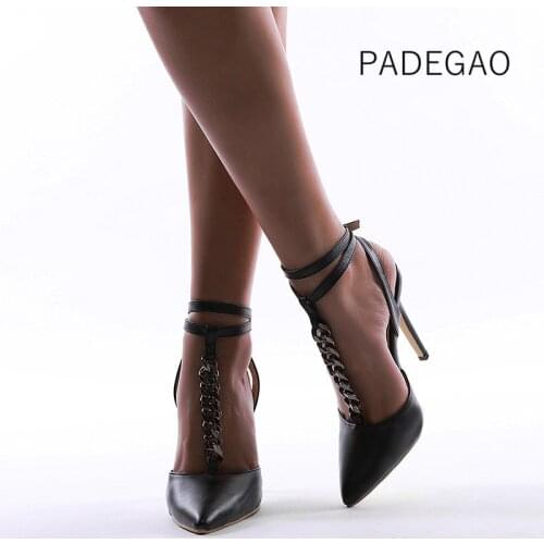 2020 Women Sandals Black Chain Metal Decoration High-heeled Sandals Party Sexy Woman Sandals