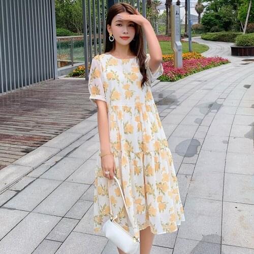 458591# Maternity Clothes Summer Chiffon Short Sleeves Loose Stylish Floral Dress Pregnant Women Mom Dress