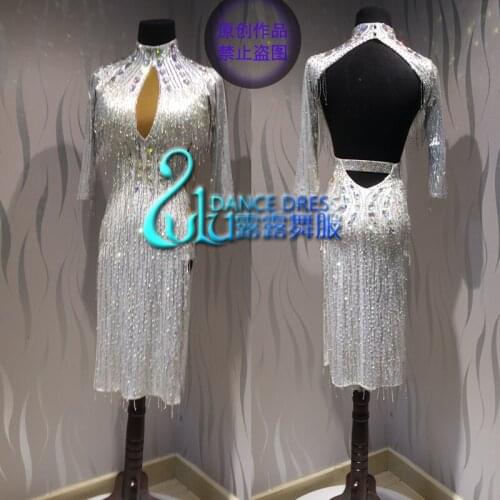 White bead tube Competition Dance Dress Latin dance dress latin dance dress Ballroom Latin Dance Competition Dress dance dress