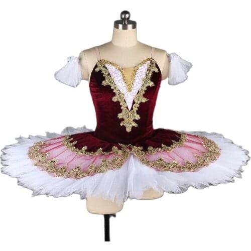All For Dance Burgundy Velvet Bodice With Gold Trim Pre-professional Ballet Pancaked Dance Costume Ballerina Dance Tutu