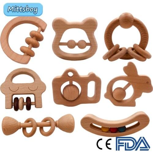 Montessori Baby Rattles Animal Horses Moon Beech Ring Baby Teething Chew toys Handmade Baby rings DIY Accessories Baby Toys Gift