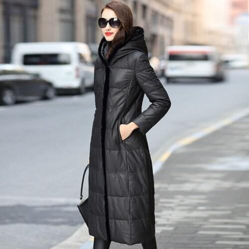 Long Genuine Leather Jacket Women Winter Sheepskin Duck Down Coat Hooded Real Leather Jacket for 2020 HQ18-BS18399B KJ2494