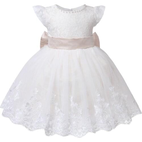 Elegant Baby Girl Dress Princess Champagne Lace Baptism Dress 1st Year Birthday Gown Big Bow Party Wedding Newborn Clothing
