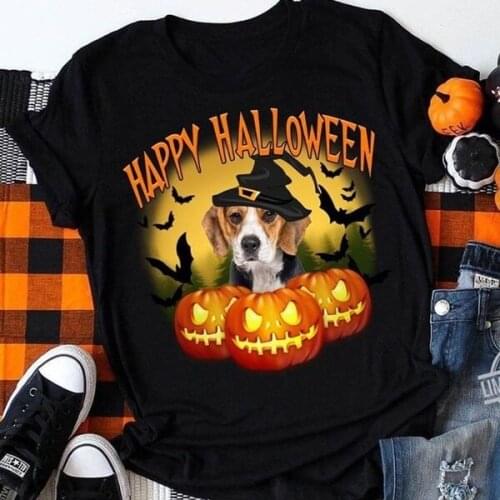 Happy Halloween Dog Pumpkin Bats Print T-shirts Women 2020 Aesthetic Clothes Loose Graphic Tee Casual Round Neck Tops for Teens