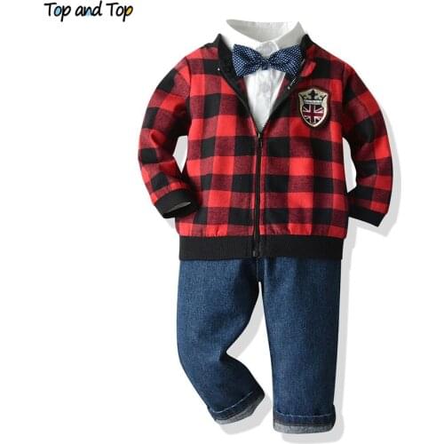 Top and Top Fashion Kids Clothing Sets Boys Casual Clothes Plaid Outerwear+Long Sleeve White Bowtie Shirt+Jeans 3Pcs Outfits