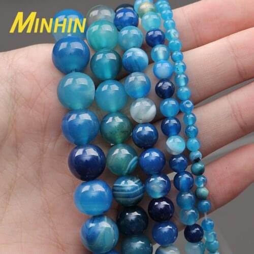 MINHIN Blue Stripe Onyx Agates Beads Round Loose Beads For Jewelry Making 4 6 8 10 12MM High Grade DIY Beads Charms Bracelet