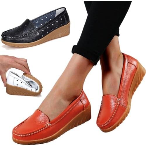 LIHUAMAO women wedges shoes leather round toe slip on loafers ladies pumps party skid resistance comfortable work mothers shoe