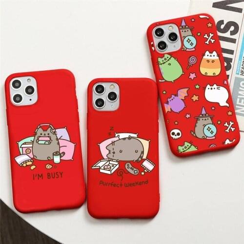 Cute Cartoon Cat Pusheens Phone Case For iphone 12 11 Pro Max Mini XS 8 7 6 6S Plus X SE 2020 XR Red Cover