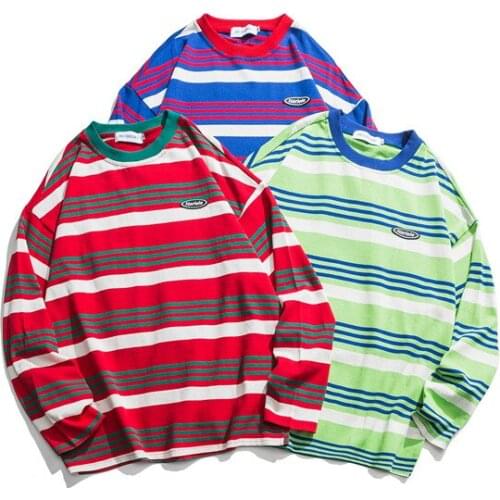 Trendy Hip Hop Ins Long Sleeve Autumn 2020 New T-shirt Men and Women Couples Korean-Style Striped Loose