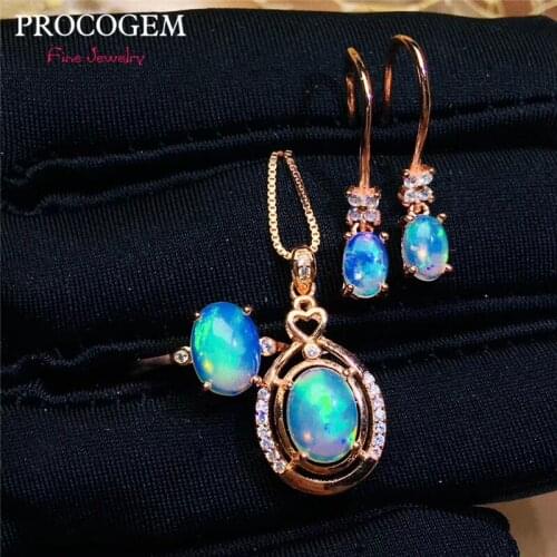 PROCOGEM Trendy Natural Opal Jewelry sets for Women Party gifts Necklace Ring Drop Earrings Real gemstones 925 Solid Silver #606