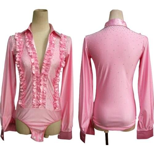 Long Sleeve Latin Dance Shirt Men Rhinestone Pink Ballroom Dancing Performance Tops Tango Professional Competition Costume