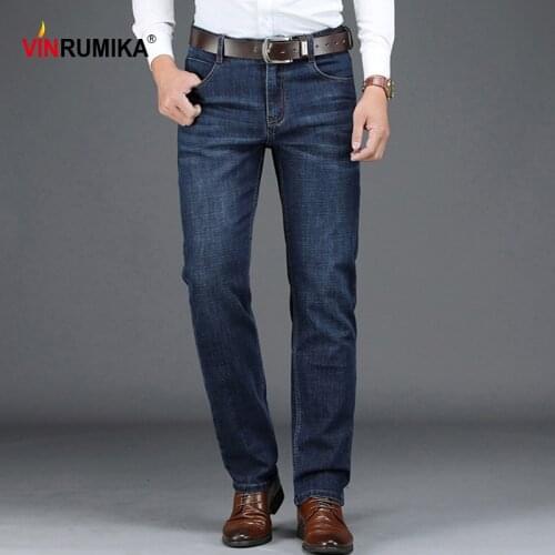 2020 Mens spring business casual brand high quality straight jeans man autumn denim blue thick pants black cowboy long trousers