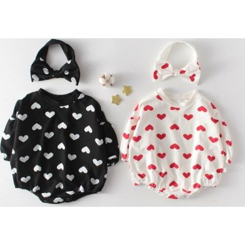 Autumn Baby Girl Clothes Cotton Long Sleeve Romper Toddler Hearts Printed Playsuit+Hairband 2 PCS Sets Photo Props Infant Outfit