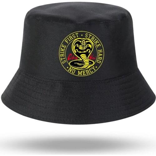 Cobra Kai No Mercy Strike First Strike Hard Print Men Women Bucket Hat Outdoor Panama Fishing Cap Fisherman Hat Fishing Hat
