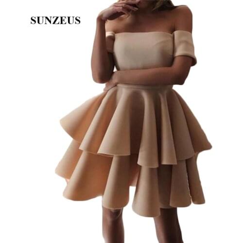 Strapless Off the Shoulder Champagne Homecoming Dresses Gowns 2019 Short Sleeve Tiers Skirt Ruffles Cocktail Dresses SHD05