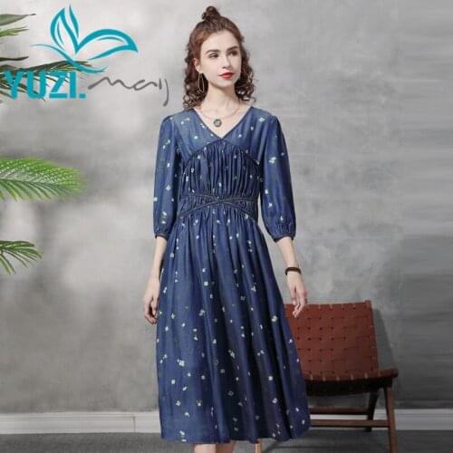 Dress For Women 2021 Yuzi.may Boho New Denim Dresses V-Neck Lantern Sleeve Floral Print Vestidos A82353