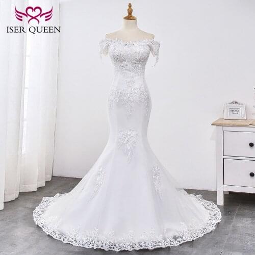 Cap Sleeves Boat Neckline Embroidery Beading and Sequined Mermaid Wedding Dresses Lace up Pure White Vestido De Noiva WX0032