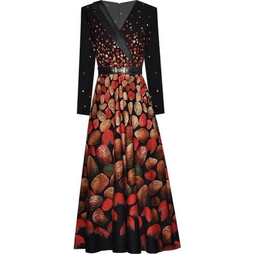 Quality Elegant Women High Dress V-Neck Spring Autumn Long Sleeve Contrast Color Printed Blet Ball Gown Party Dresses