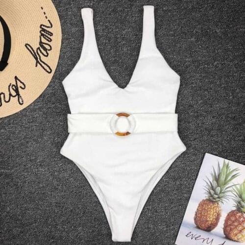 Ribbed white Swimwear Women Belt Sexy Female Halter One Piece Swimsuit Bather Waist Band Bathing Suit Swim Wear Monokini