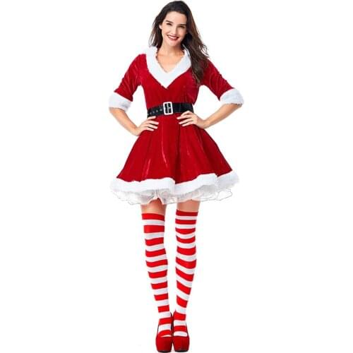 Adult Christmas clothes Women Dress Cosplay Costume Belt TUTU Dress V-Neck soft One Piece Dress performance wear New Years