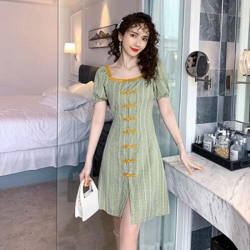 Off Shoulder Green Check Summer Slim Sexy Party Casual Qipao Traditional Chinese Clothes Modern Cheongsam Mini Dress for Women