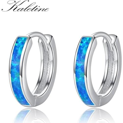 KALETINE Classic Female Blue Opal 925 Sterling Silver Wedding Earrings Jewelry Dainty Bridal Round Hoop Earrings For Women