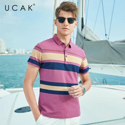 UCAK Brand Classic Turn-down Collar Striped T-Shirt Men Clothes Summer New Fashion Style Streetwear Casual Cotton Tee Tops U5590