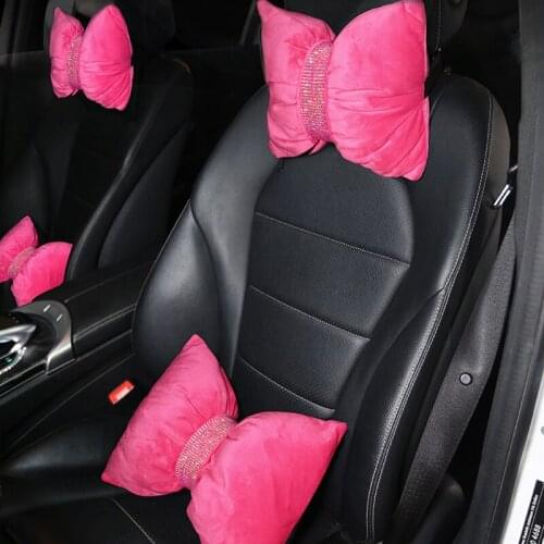 Car Head Neck Pillow Rhinestone Bling Headrest Plush Waist Supports Diamond Bow Seat Rest Back Lumbar Women