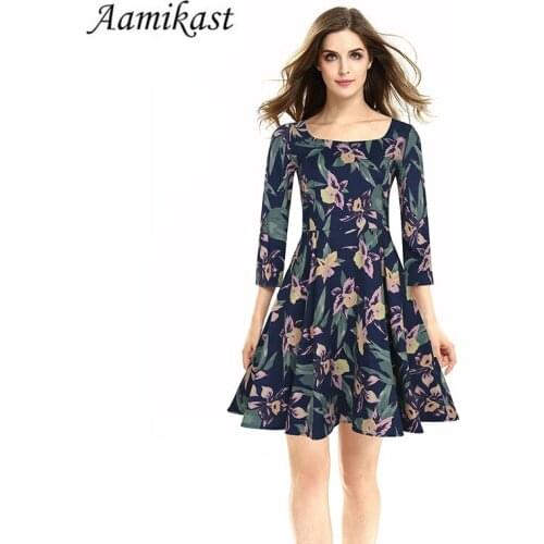 AAMIKAST Womens Elegant Square Collar 3/4 Sleeve Flower Floral Print Party Evening Casual Special Occasion Dresses D0621