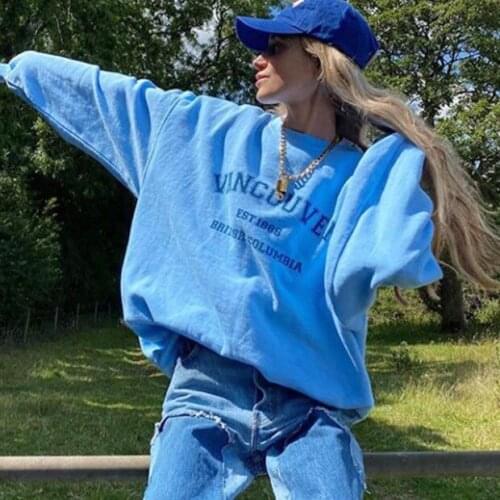 Nice Blue Letter Print Vintage Preppy Style Oversized Sweatshirt for Teens Girls Casual Loose Long Sleeve Harajuku Tops Clothes