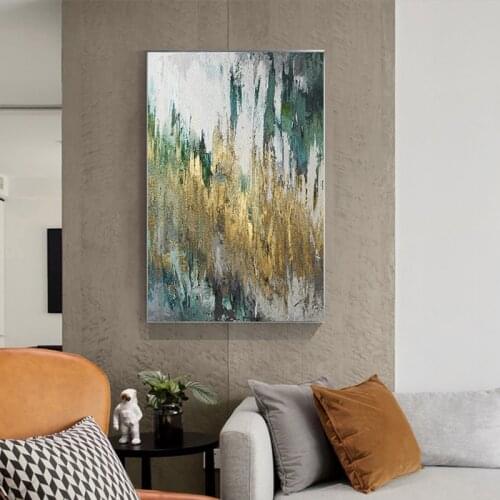 Abstract Flowing Gold Foil Canvas Painting Modern Green Poster Print Expensive Wall Art Picture for Living Room Lobby Art Decor