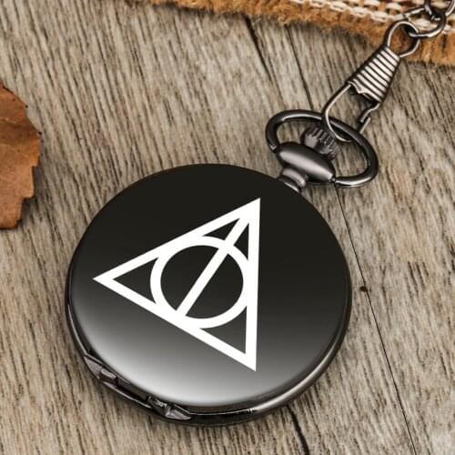Black Triangle The Deathly Hallows Lord Printing Analog Quartz Pocket Watch Necklace Theme Collectibles for Men Women Kids