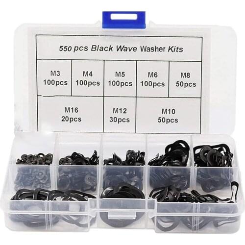 Black Steel Ring Spring Washer Three Wave Washers 65MN Wave Gasket Assortment Kits-M3 M4 M5 M6 M8 M10 M12 M16(550 Pcs) Promotion