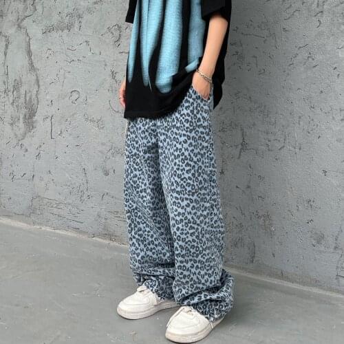 Wash Old Leopard Jeans Mens and Womens Loose Decorative Chain Straight Tube Street Pants Oversized Chic Casual Trousers