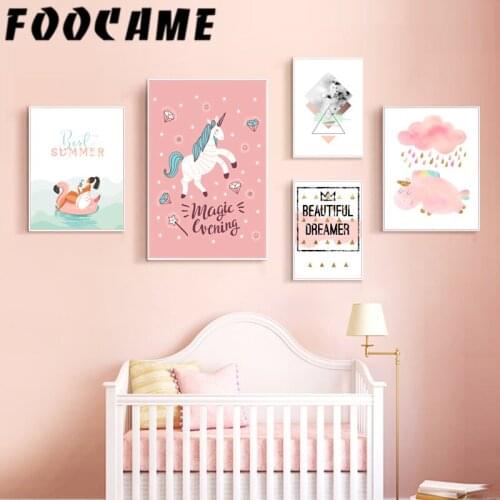 FOOCAME Unicorn Cartoon Nordic Poster Print Nursery Wall Art Canvas Painting Pink Sweet Home Decor Kids Room Decoration Pictures