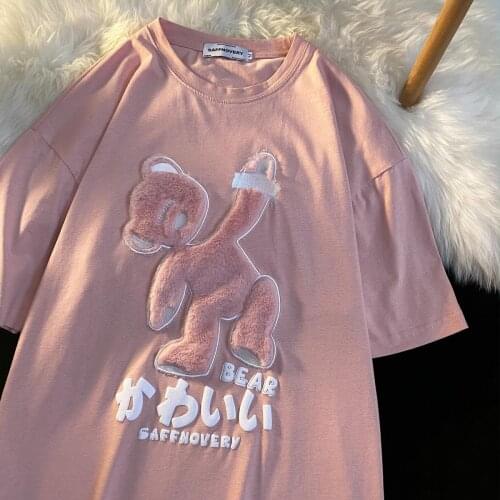 Japanese Bear Embroidery Short-sleeved T-shirt Female Spring Summer 2021 New Loose Couple Oversize Round Neck Top