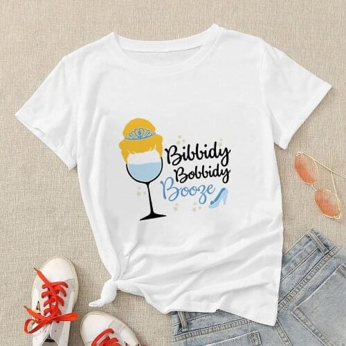 Wine Glass Princess T Shirt Womens Fashion Design Disney Cinderella Print T-Shirts Short Sleeve Summer Novelty Style Clothing