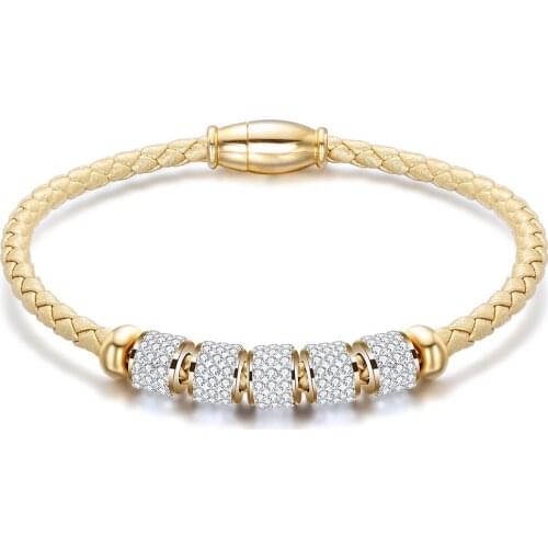 Stainless Steel Delicate Gold Weave Woven Bead Genuine Leather Bracelet Bangle Jewelry Gift For Him