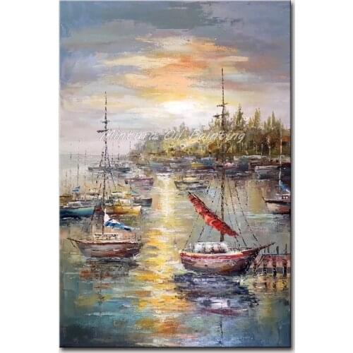 Mintura Hand Painted Oil Paintings on Canvas Fishing Ports and Boats Wall Picture for Living Room Home Decor Wall Art No Framed