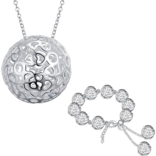 New 925 sterling Silver Hollow Ball Pendant Bracelet necklace Jewelry set for women hot Fashion Party wedding Christmas Gifts