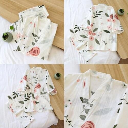 2021 New Japanese Kimono Suit Pajamas Spring and Summer Ladies Cotton Three-quarter Sleeves Big Flowers Home Clothes Thin Loose