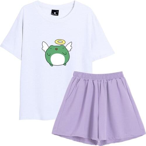 Frog Printing Pjs Women Cotton Harajuku Sleepwear Indoors and Outdoors Pajama Sets Cute Kawaii Two Piece Suit Chic Pajamas Set