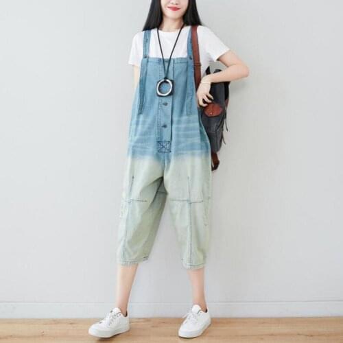 Personality Gradient Seven-points Denim Jumpsuit Summer Retro Distressed Washed Single-breasted Casual Jeans