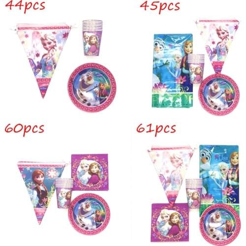 61pcs Princess Frozen Party Supplies Paper Flags Plates Cups Napkins Girls Frozen Elsa Anna Birthday Party Decoration Tablecloth